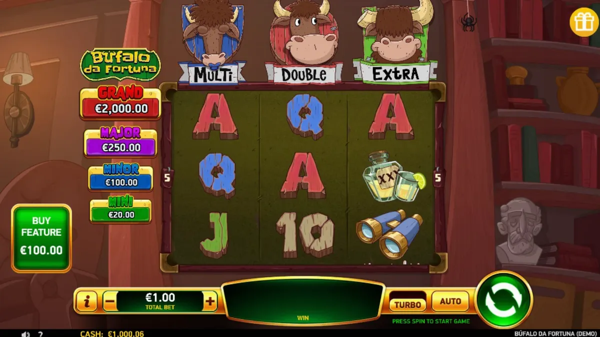 Tampilan visual slot Buffalo da Fortuna dengan latar belakang padang rumput Amerika.