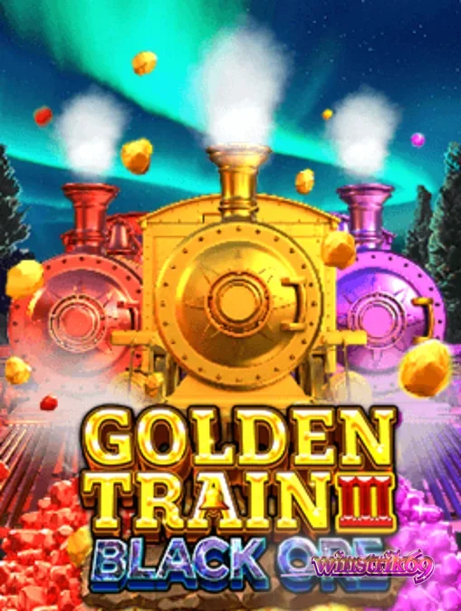 Tampilan visual slot Golden Train III: Black Ore dengan latar belakang ngarai dan simbol kereta api.